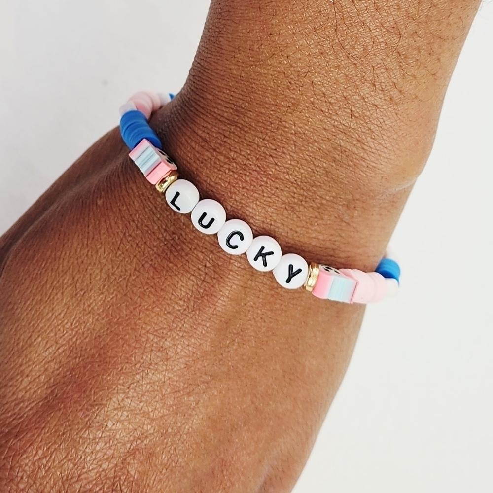 Handmade Heart Clay Bead Bracelet With The Word LUCKY